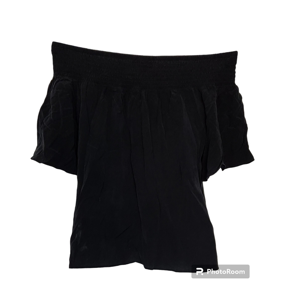 L'Agence Smocked Neck Black Silk Top Blouse S/P